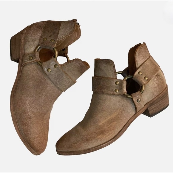 FRYE Ray Nubuck Leather Back Zip Harness Ankle Boots Distressed Brown - Picture 7 of 12